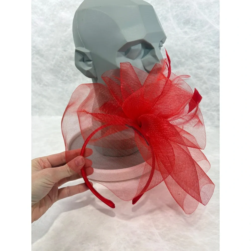 Bellissima‎ Millinery Red Fascinator Headband Mesh Feather Kentucky Derby Hat